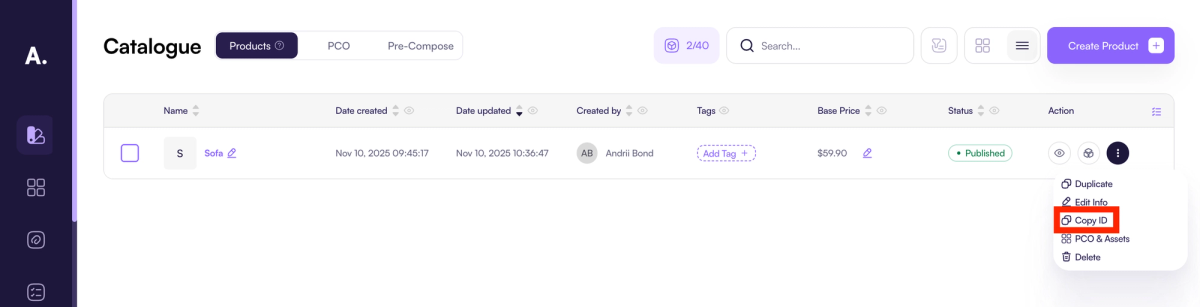 Screenshot of the Amaspace Catalogue page showing the Products with ID visible for copying.