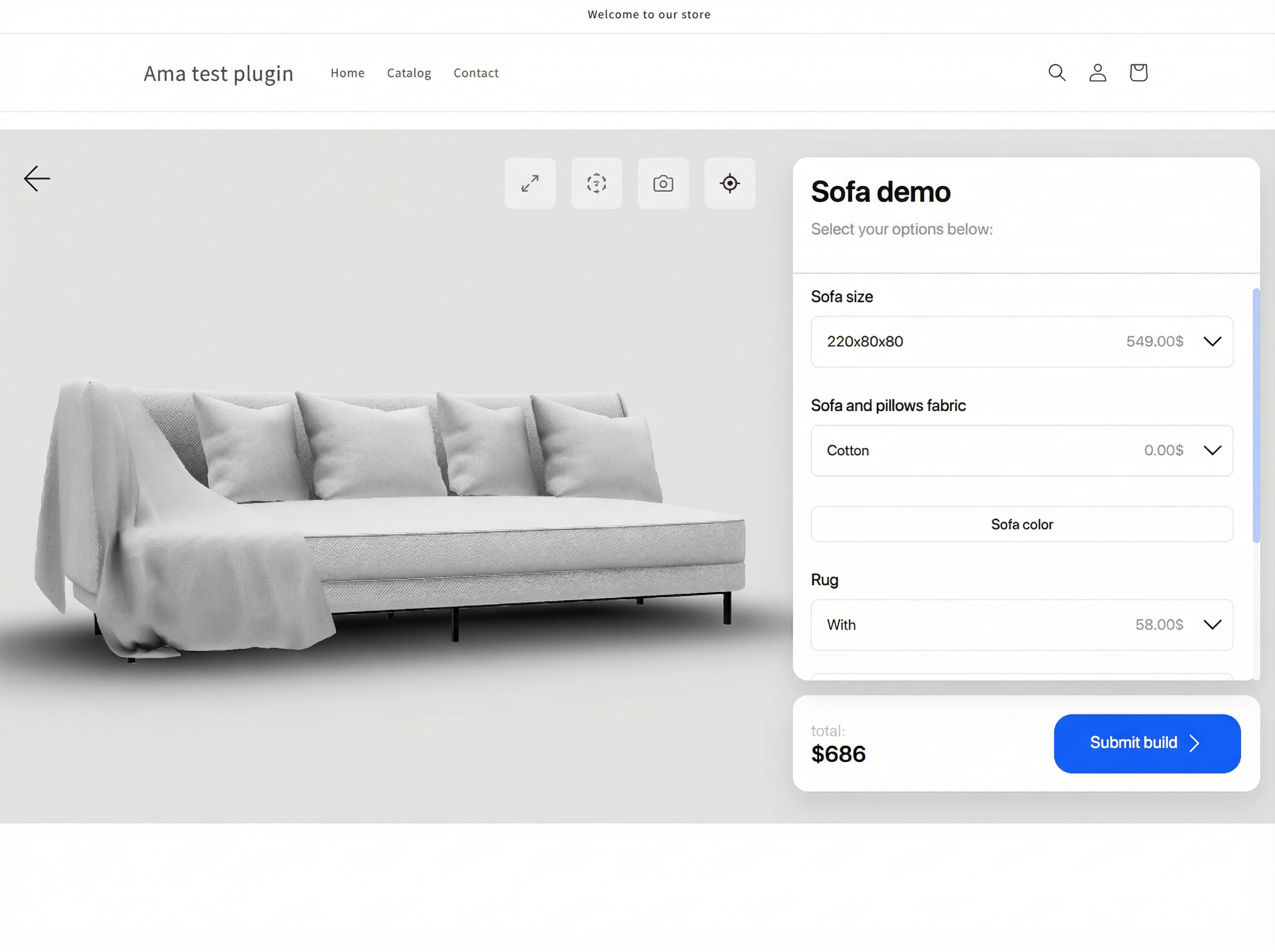 Screenshot of a Shopify product page with the Amaspace 3D configurator embedded and ready for customers to customize the product.