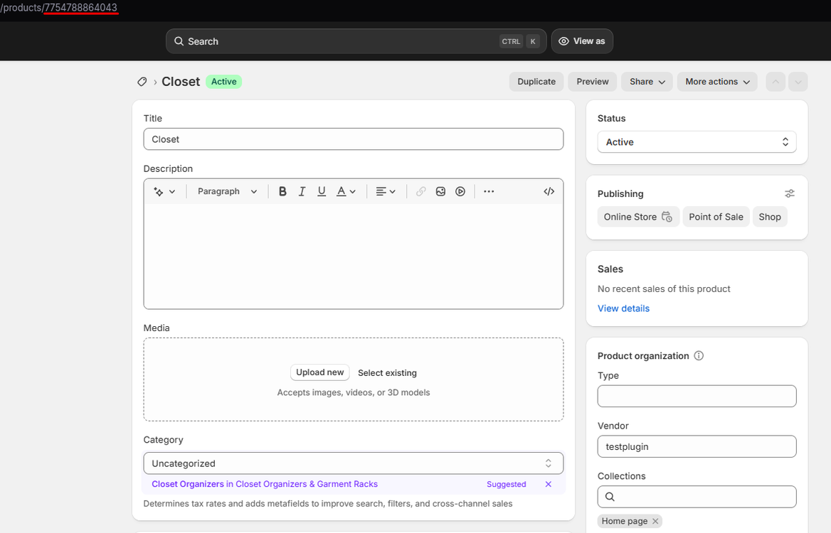 Screenshot of the Shopify product editing page with the product ID visible in the browser URL.