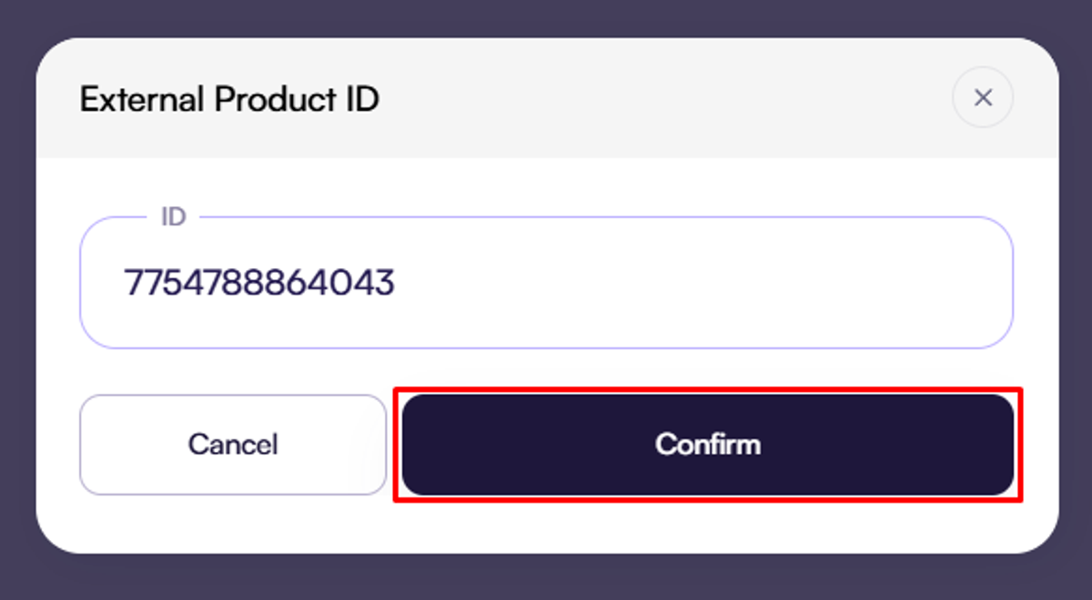 Screenshot of the Amaspace Publish dialog with a field to paste the Shopify product ID before saving.