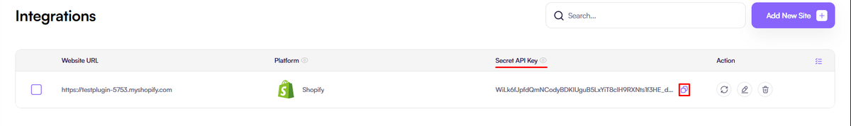 Screenshot of the Amaspace Integrations page showing the Shopify integration section with the Secret API Key (Ama Token) visible for copying.