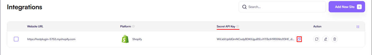 Screenshot of the Amaspace Integrations page showing the Shopify integration section with the Secret API Key (Ama Token) visible for copying.
