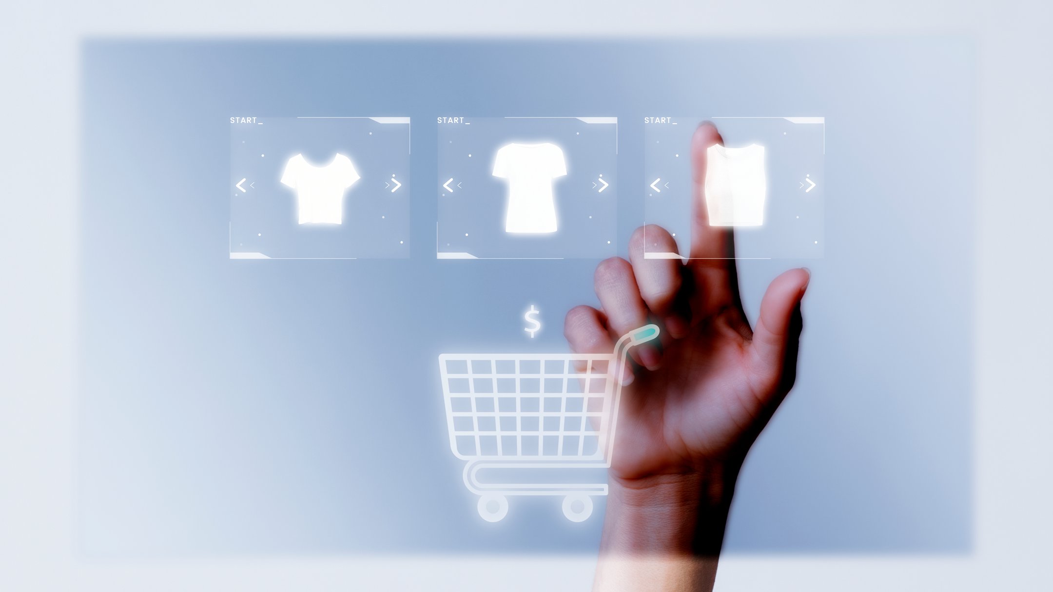A hand choosing products on a screen with a cart icon
