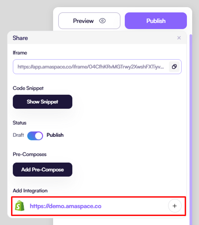 Screenshot of the Amaspace Publish dialog with Shopify integration selected.