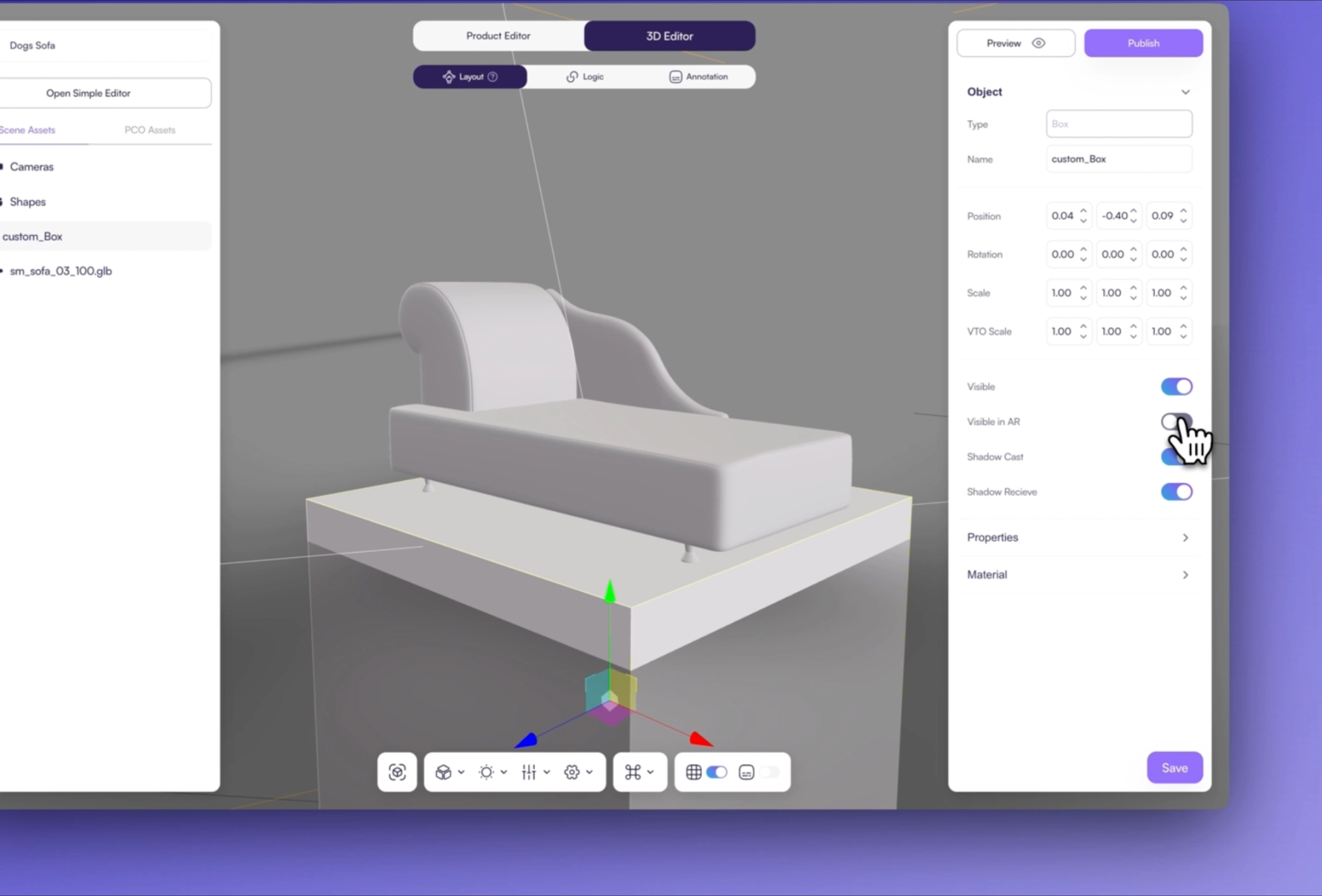 Disabling "Visible in AR" toggle to hide object from Augmented Reality scene