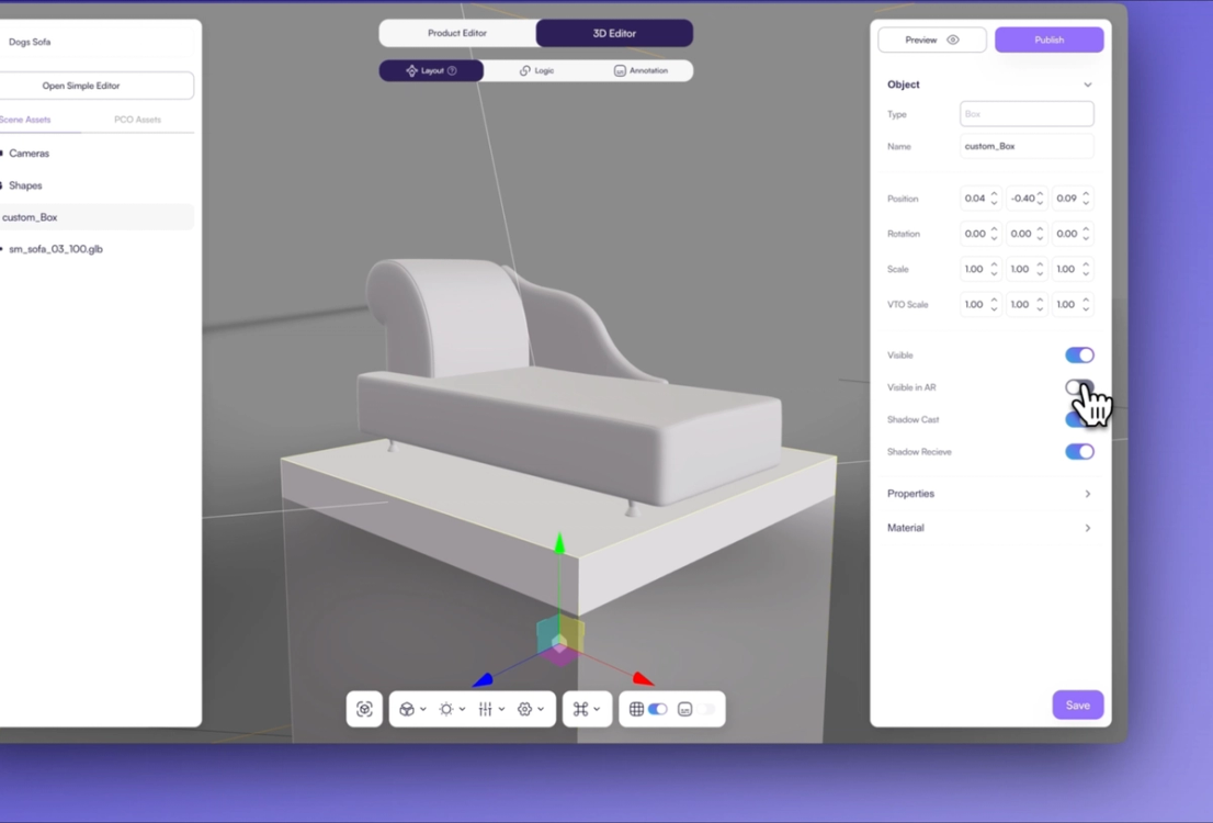 Disabling "Visible in AR" toggle to hide object from Augmented Reality scene
