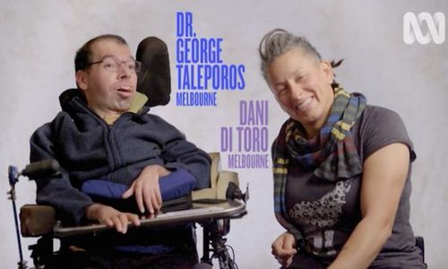 Two people in conversation one is a power wheelchair user. The ABC logo is featured.