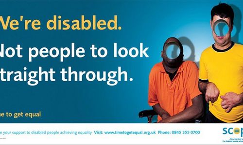 An advertisement from Scope UK with an image of two people with physical impairments with a hole edited through their faces. The words