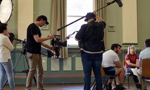 A film crew working on set