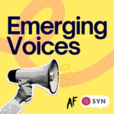 A bright yellow background with text emerging voices and a megaphone