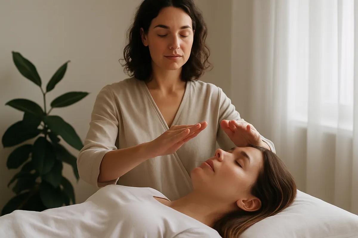 A photo of a woman receiving a reiki treatment.