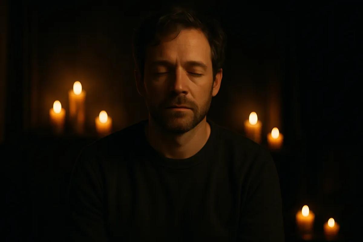 A photo of a man sitting in front of some candles, eyes closed.