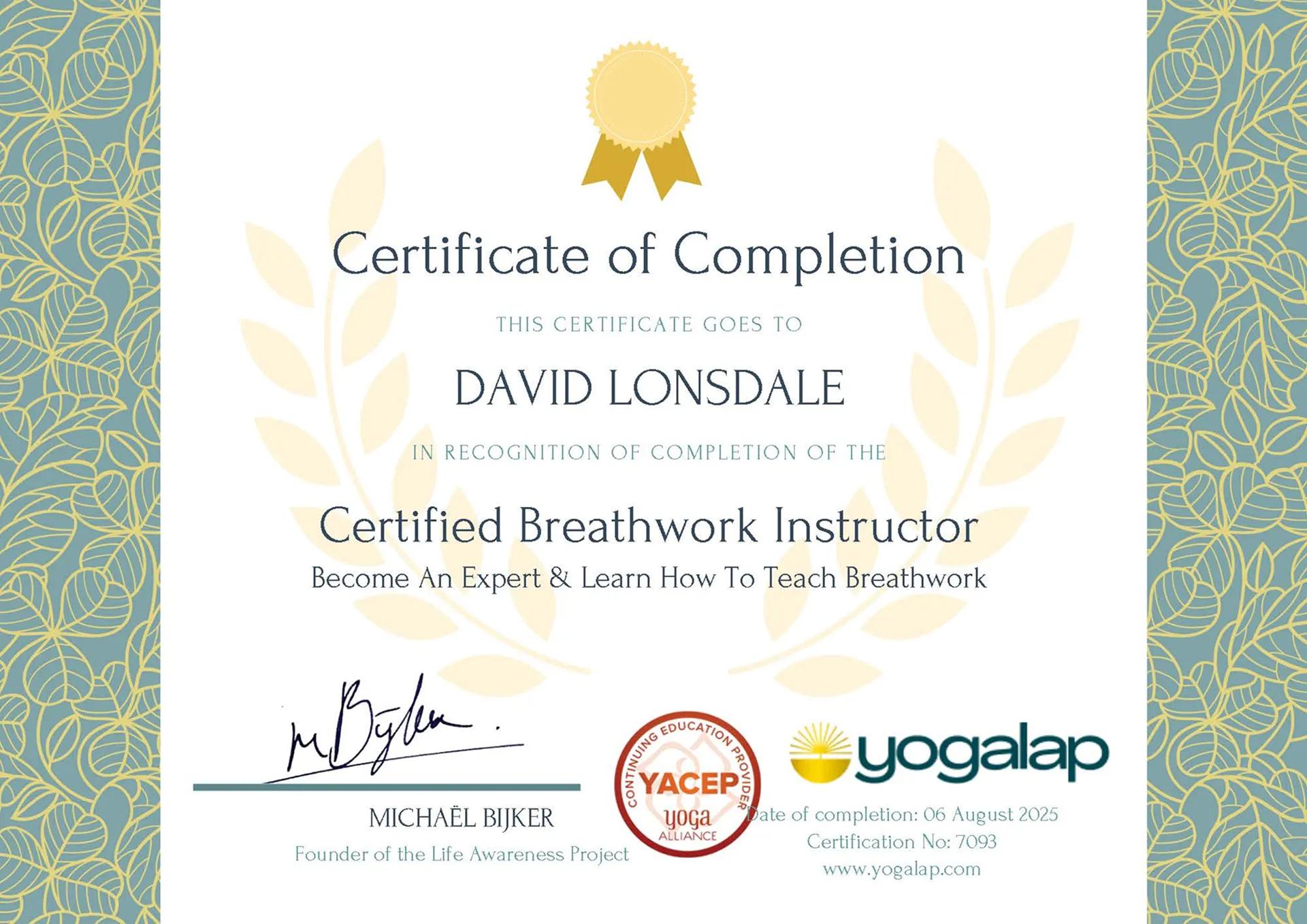 A certificate of completion for breakwork