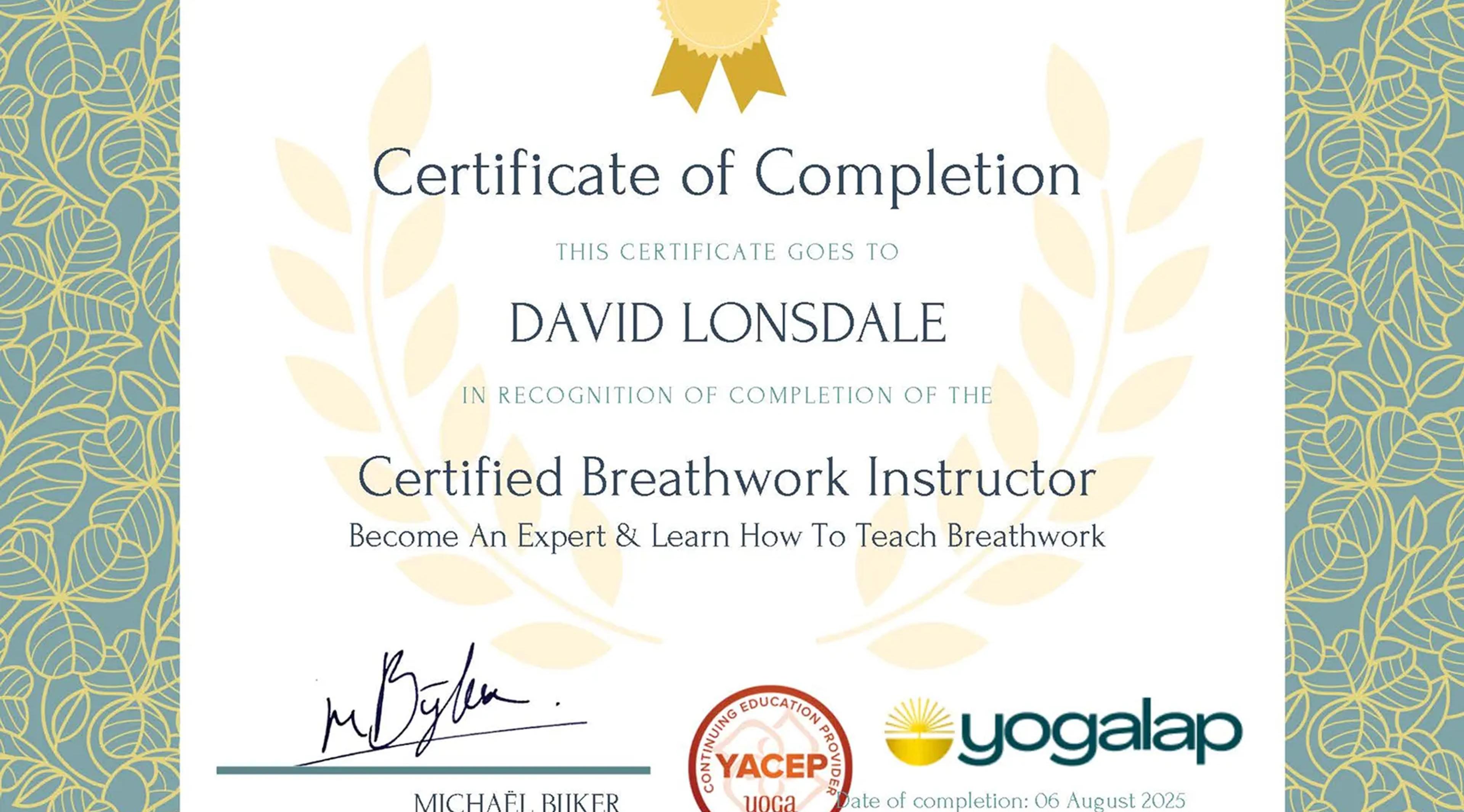 A certificate of completion for breakwork