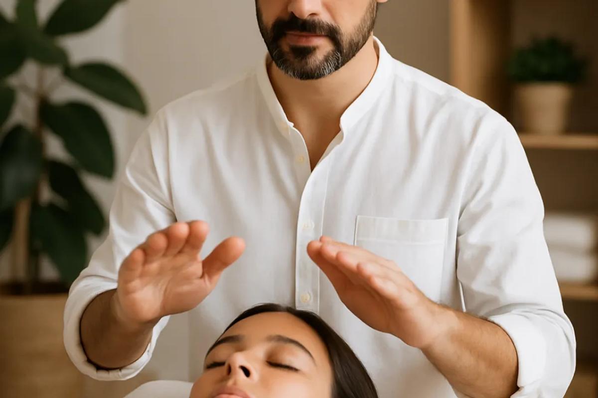 A photo of a man holding his hands above a woman's head.