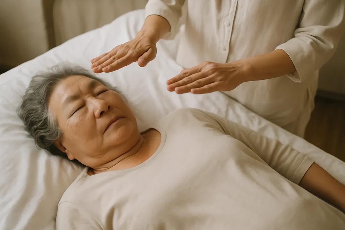A photo of a woman lying down receiving a reiki treatment.