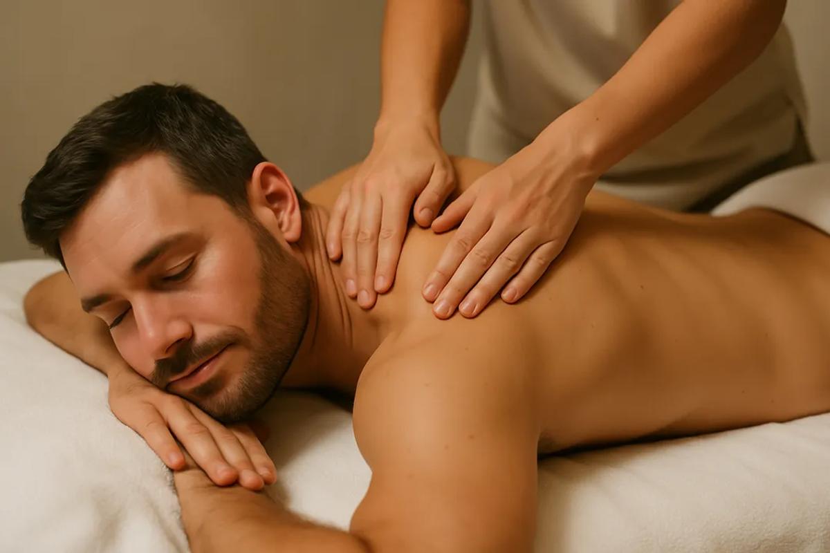 A photo of a man receiving a massage.