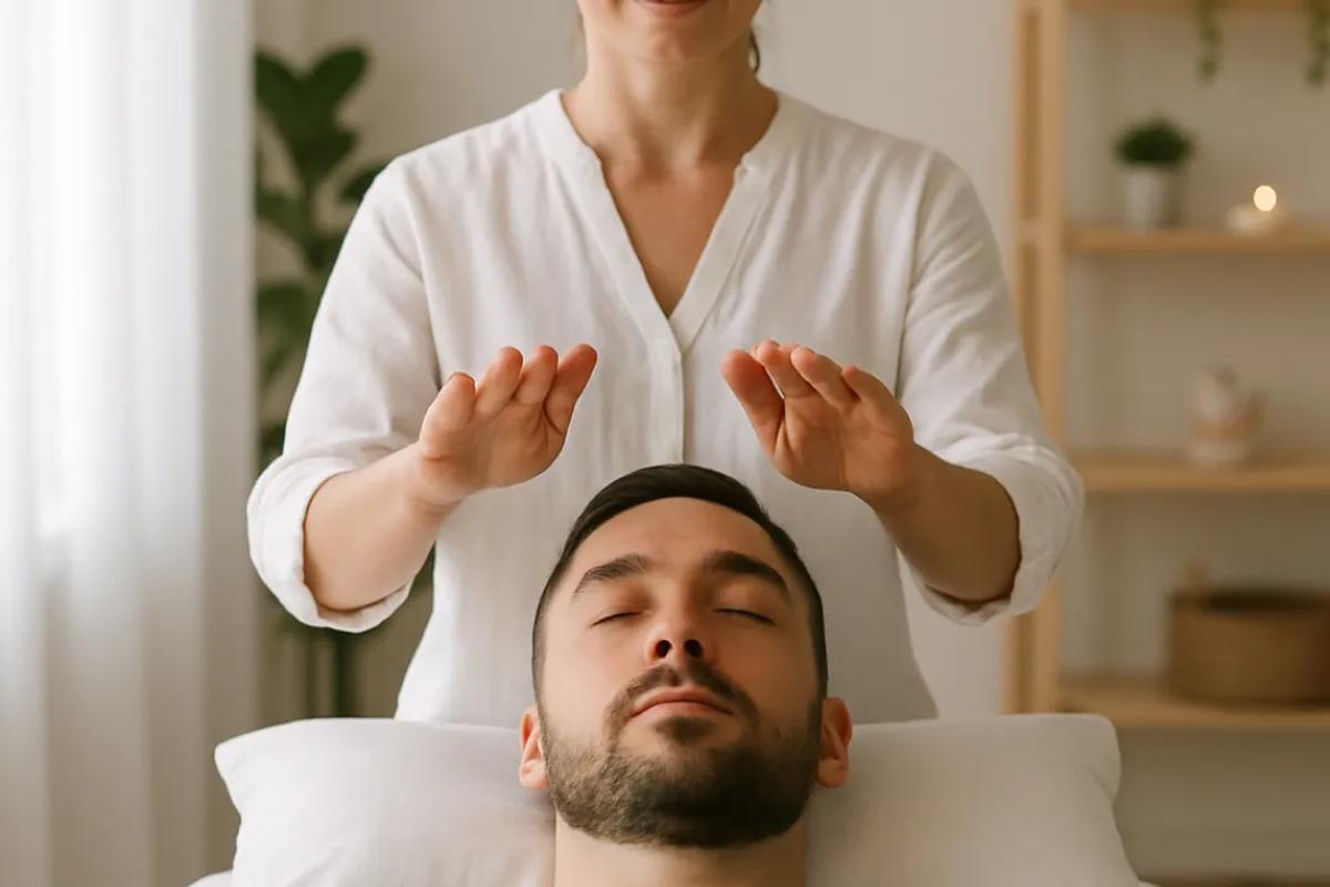 A photo of a man resting with a woman standing behind, hands above the man's head.