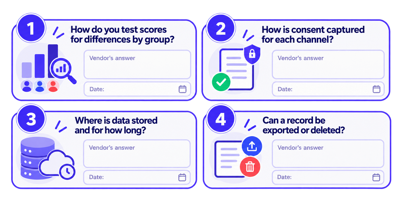 Infographic presenting a four-question vendor questionnaire for evaluating screening software, focusing on bias, consent and data protection. The four numbered questions ask: (1) How are scores tested for differences between candidate groups? (2) How is candidate consent captured across each communication channel? (3) Where is candidate data stored and how long is it retained? (4) Can candidate records be exported or deleted? Each question is accompanied by a designated space for recording the vendor’s answer and a date, allowing teams to document responses and compare vendors. The layout uses four clearly separated panels, numbered markers, simple illustrative icons and a consistent purple, white and navy colour scheme.