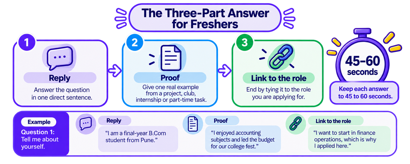 An infographic titled “The Three-Part Answer for Freshers” explaining a structured method for answering interview questions in 45–60 seconds. Three connected panels present the framework: “Reply,” which instructs candidates to answer the question in one direct sentence; “Proof,” which recommends supporting the answer with a real example from a project, club, internship, or part-time task; and “Link to the role,” which explains how to connect the example to the position being applied for. A stopwatch graphic emphasises the recommended answer length of 45–60 seconds. A worked example uses the question “Tell me about yourself” and divides the response into three parts: introducing oneself as a final-year B.Com student from Pune, providing evidence through an interest in accounting and leading the college fest budget, and linking that experience to a goal of starting a career in finance operations. Purple, blue, and green panels, speech-bubble, document, and chain-link icons, and directional arrows illustrate the sequence.