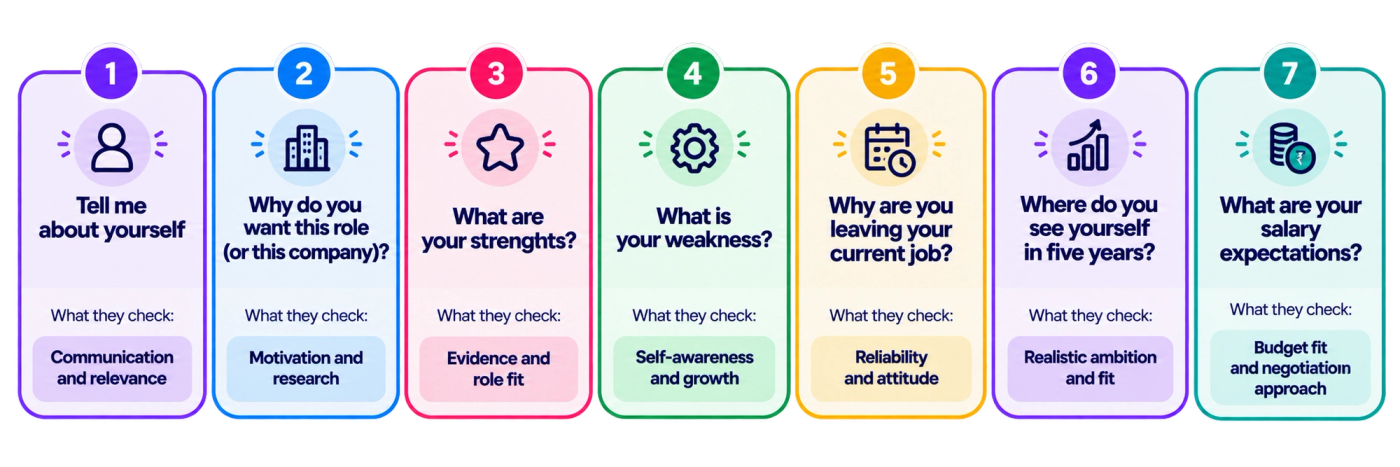 A horizontal infographic presenting seven commonly asked interview questions, each displayed in an individual numbered, pastel-coloured card. The questions cover introducing yourself, explaining why you want the role or company, identifying your strengths, discussing your weaknesses, explaining why you are leaving your current job, describing your five-year career goals, and stating your salary expectations. Each card includes a relevant illustrative icon and a section titled “What They Check,” explaining the competency behind the question: communication and relevance, motivation and research, evidence and role fit, self-awareness and growth, reliability and attitude, realistic ambition and fit, and budget fit and negotiation approach. The seven cards use purple, blue, pink, green, yellow, violet and teal accents, with bold navy headings, numbered badges, rounded borders and subtle pastel backgrounds. The layout helps candidates understand not just what interviewers ask, but what they are actually evaluating through each question.