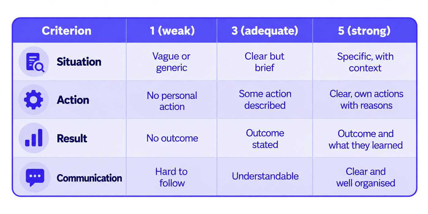 An infographic illustrating a structured scoring rubric for evaluating candidate responses during interviews. The scorecard organises assessment into four criteria: situation, action, result, and communication. Each criterion is assessed at three performance levels—1 (weak), 3 (adequate), and 5 (strong)—to help recruiters apply consistent evaluation standards. For situation, a weak answer is vague or generic, an adequate answer is clear but brief, and a strong answer provides specific context. For action, the rubric distinguishes between answers that lack personal contribution, describe some actions, or clearly explain the candidate's own actions and reasoning. For result, it separates responses with no stated outcome, a basic outcome, or an outcome accompanied by lessons learned. Communication is evaluated based on whether an answer is difficult to follow, understandable, or clear and well organised. The visual uses a purple-and-white design to make the scoring criteria easy to scan and supports more consistent, evidence-based interview assessments across multiple reviewers.