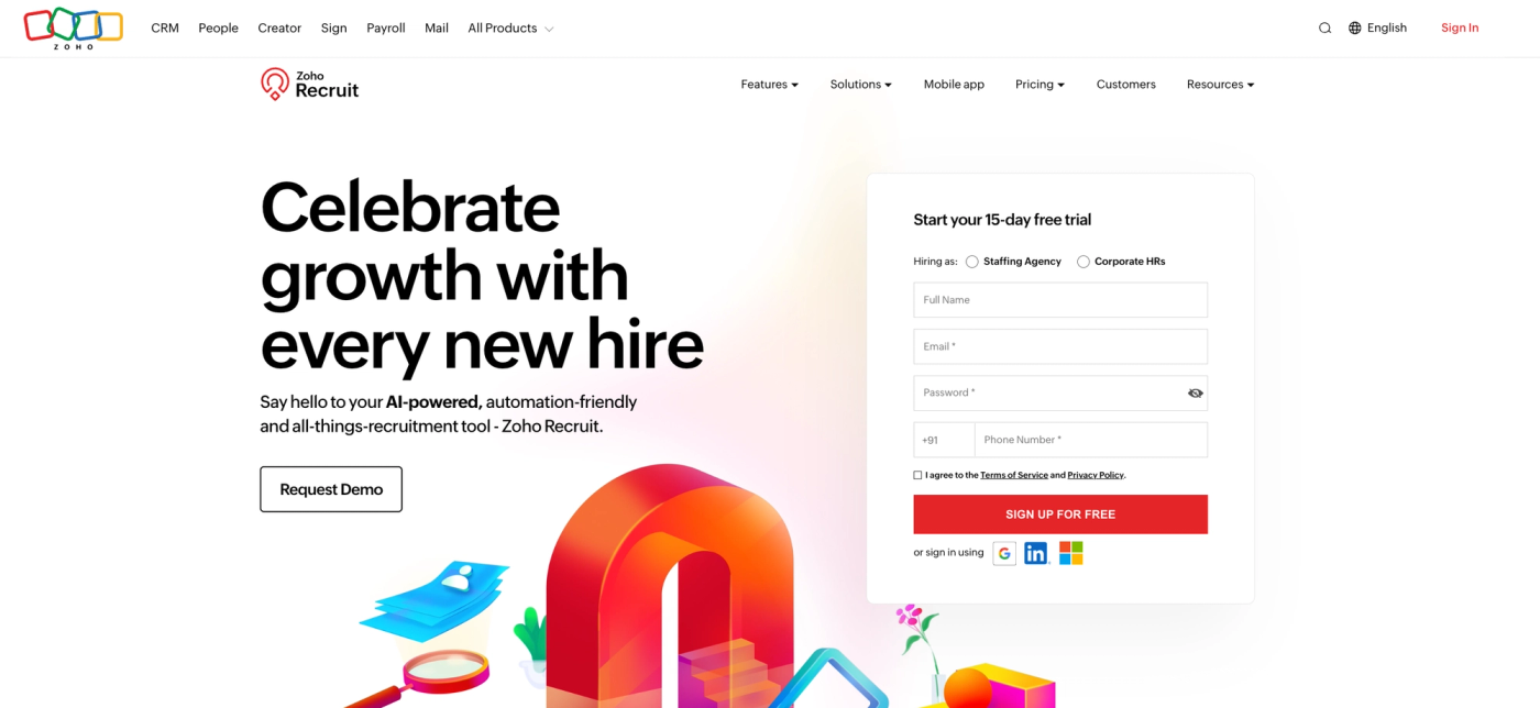 Zoho Recruit homepage