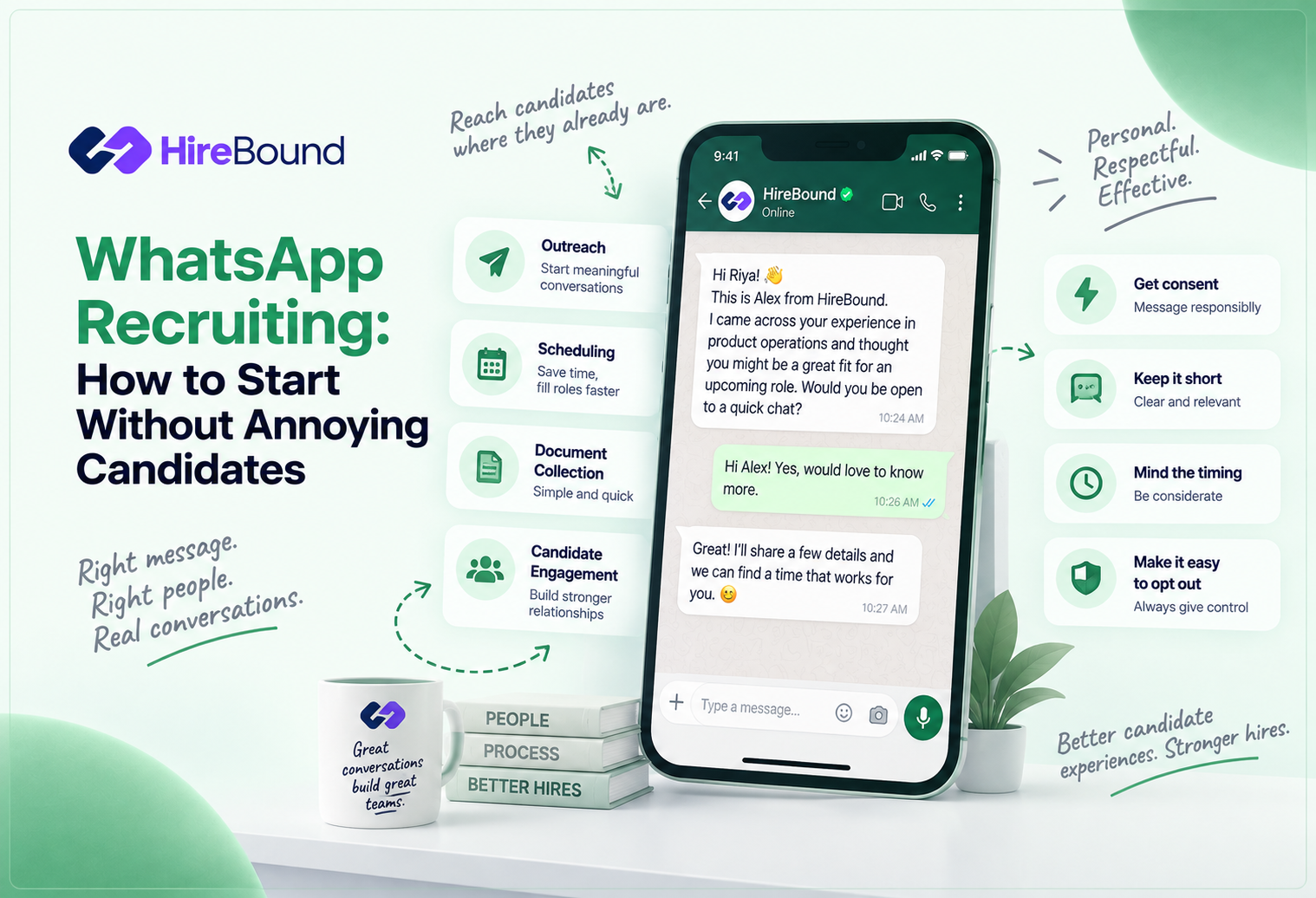 Recruiter using WhatsApp recruiting messages to communicate respectfully with candidates.