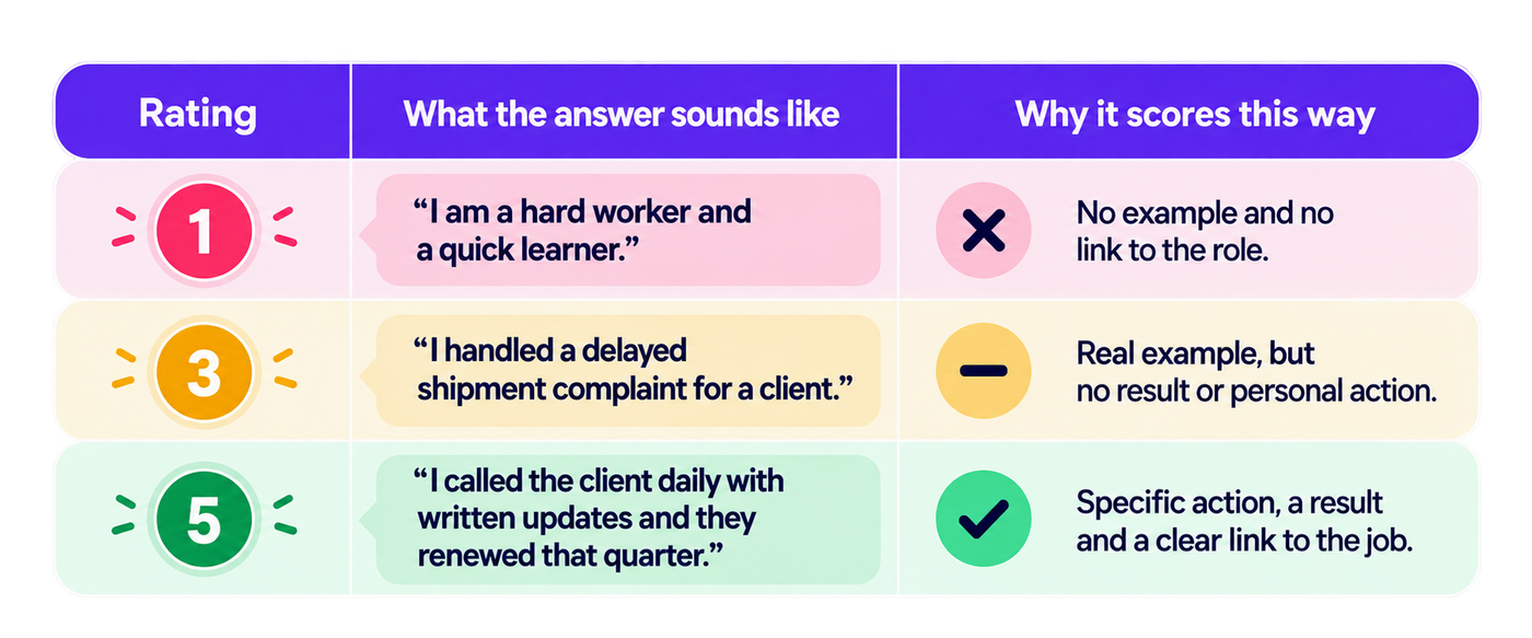 A three-column comparison infographic titled “How One Answer Scores at Different Levels,” illustrating how interview answers are evaluated on a scale of 1, 3 and 5. The columns are labelled Rating, What the Answer Sounds Like, and Why It Scores This Way. The first row (Rating 1, pink) shows a generic response: “I am a hard worker and a quick learner,” explaining that it lacks a supporting example and connection to the role. The second row (Rating 3, yellow) presents: “I handled a delayed shipment complaint for a client,” demonstrating a real example but no clear personal action or measurable result. The third row (Rating 5, green) gives a stronger response: “I called the client daily with written updates and they renewed that quarter,” highlighting specific actions, a positive outcome and relevance to the job. Large numbered circles and cross, minus and checkmark icons visually distinguish the three performance levels. The infographic uses a purple header, navy typography, pastel backgrounds and rounded table sections.