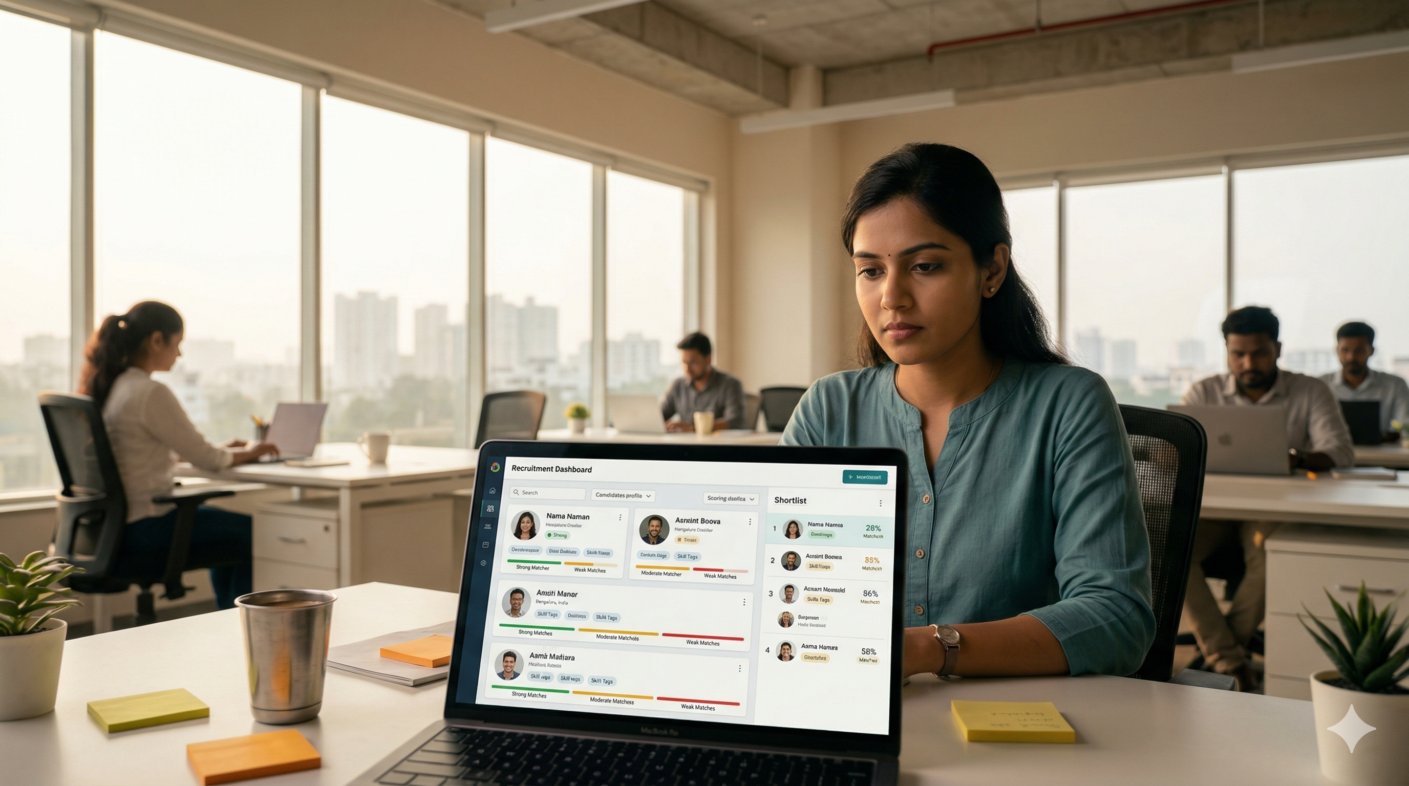 A recruiter reviewing a ranked candidate shortlist on a laptop screen, with AI scoring indicators and structured screening notes visible — representing modern AI-powered candidate screening beyond resume keyword filters