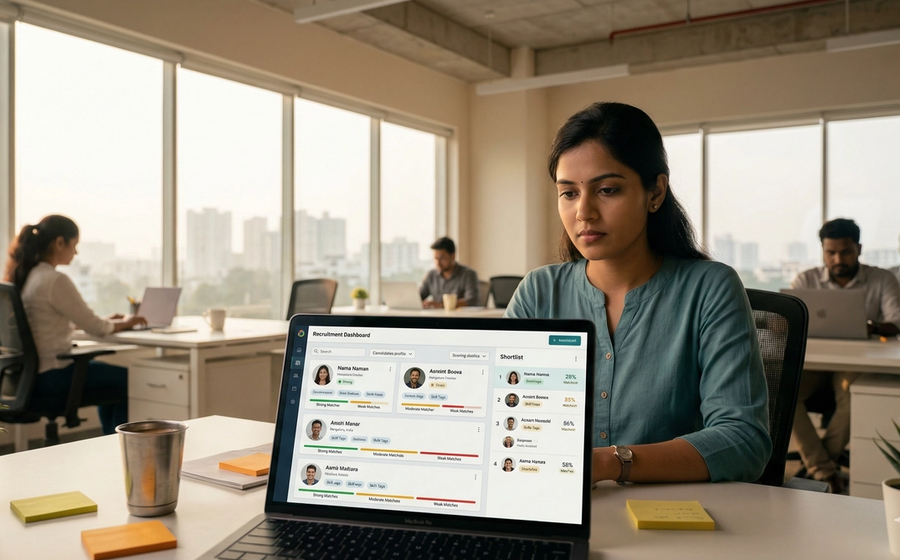 A recruiter reviewing a ranked candidate shortlist on a laptop screen, with AI scoring indicators and structured screening notes visible — representing modern AI-powered candidate screening beyond resume keyword filters
