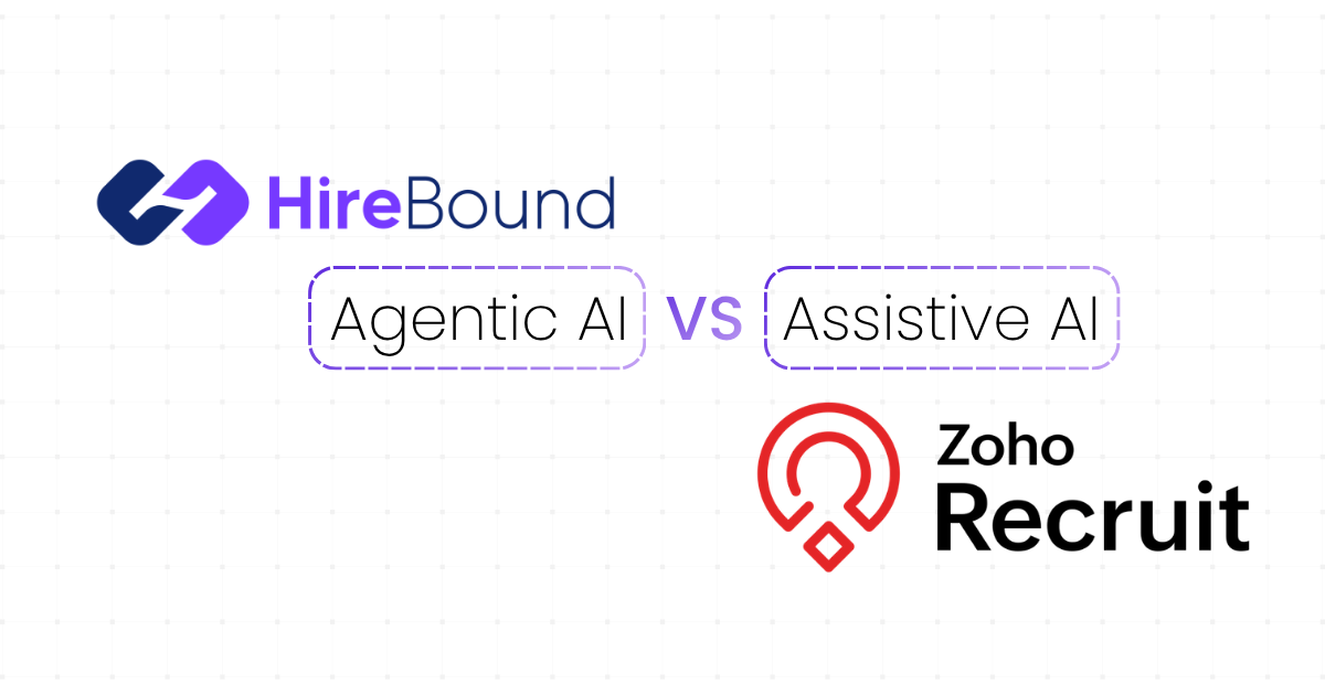 Comparison diagram of Zoho Recruit assistive AI versus HireBound agentic AI for recruiting sourcing and screening in 2026