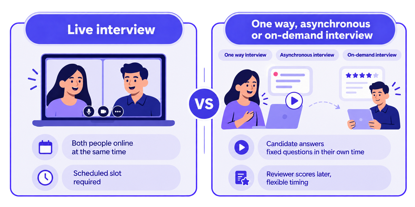A side-by-side comparison of live interviews and one-way interviews, also known as asynchronous or on-demand interviews. The live interview section illustrates a candidate and interviewer participating in a video call simultaneously. It highlights the need for a scheduled time slot and real-time coordination between both participants. The on-demand interview section shows a candidate answering a fixed set of questions independently, followed by a reviewer assessing the responses at a later time. It also identifies the terms “one-way interview,” “asynchronous interview,” and “on-demand interview” as alternative names for the same format. The comparison demonstrates how asynchronous interviews provide greater scheduling flexibility and enable recruiters to review responses at their convenience, while live interviews are more suitable for real-time interaction and follow-up questions. The design uses rounded purple-and-white panels, illustrated video-call interfaces, review and scoring icons, and a central comparison marker.