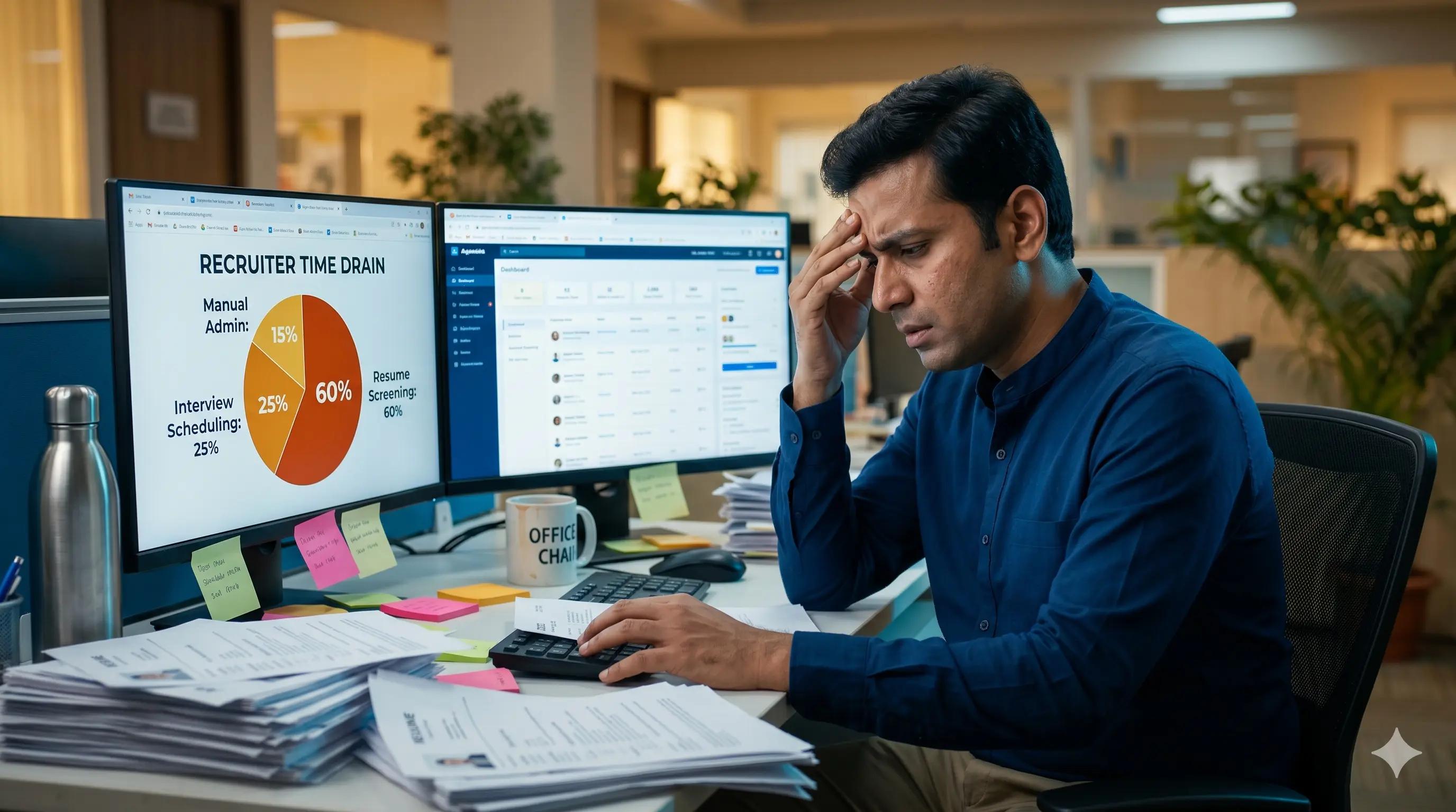 Recruiter overwhelmed by manual hiring tasks — charts showing time spent on resume screening, scheduling, and admin in Indian staffing agencies