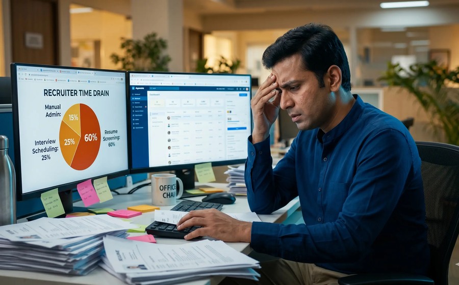 Recruiter overwhelmed by manual hiring tasks — charts showing time spent on resume screening, scheduling, and admin in Indian staffing agencies