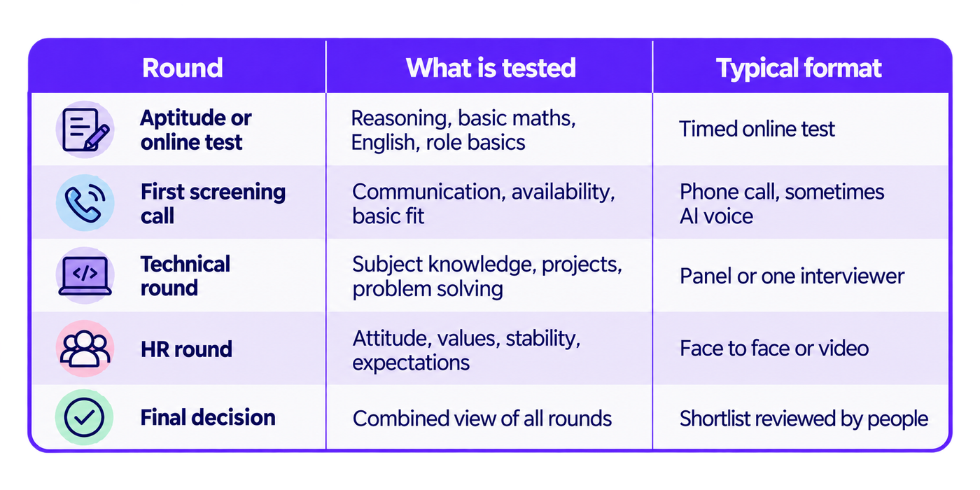 A three-column infographic titled “Fresher interview rounds and what each tests,” comparing five stages of a fresher recruitment process. The columns are labelled “Round,” “What is tested,” and “Typical format.” The first row, “Aptitude or online test,” covers reasoning, basic mathematics, English, and role fundamentals, typically assessed through a timed online test. The second row, “First screening call,” evaluates communication, availability, and basic role fit through a phone call, sometimes using an AI voice system. The third row, “Technical round,” assesses subject knowledge, academic projects, and problem-solving through an interview with one interviewer or a panel. The fourth row, “HR round,” evaluates attitude, values, stability, and expectations through a face-to-face or video interview. The final row, “Final decision,” combines the results of all rounds, with the shortlist reviewed by people. Each row includes a relevant illustrative icon: a test document, telephone, coding laptop, group of people, or confirmation checkmark. The table uses a bold purple header, dark navy text, alternating white and pale lavender rows, thin purple dividers, and rounded borders, with the background removed to support placement on different website or document backgrounds.