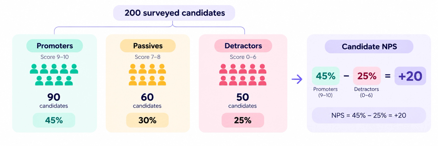 Wide infographic illustrating the calculation of Candidate Net Promoter Score (NPS) from a survey of 200 candidates. Three colored panels divide respondents into promoters, passives, and detractors. Promoters, shown in mint green, represent candidates who gave scores of 9–10: 90 candidates, or 45% of respondents. Passives, shown in yellow, represent candidates who gave scores of 7–8: 60 candidates, or 30%. Detractors, shown in pink, represent candidates who gave scores of 0–6: 50 candidates, or 25%. An arrow connects the three groups to a final Candidate NPS calculation panel, where the promoter percentage of 45% minus the detractor percentage of 25% equals an NPS of +20. The formula is displayed as “NPS = 45% − 25% = +20.” Simple candidate icons, rounded panels, dark navy typography, and pastel colors make the calculation easy to follow. The infographic demonstrates that passives contribute to the total survey population but are not directly included in the NPS subtraction.