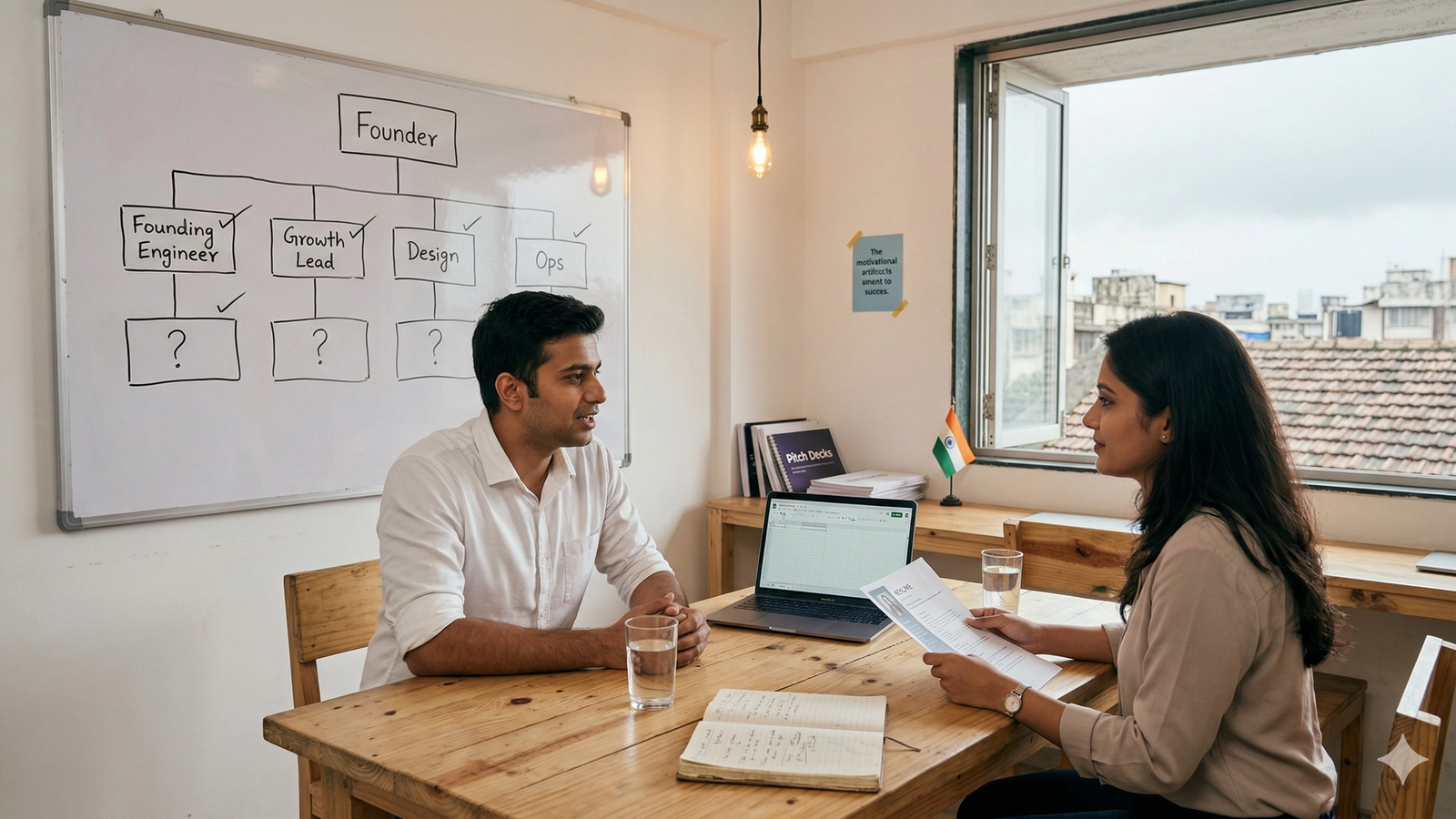 A startup founder sitting across a candidate in a minimal office space, with a whiteboard showing a simple org chart of first hires — representing early-stage team building without an HR department