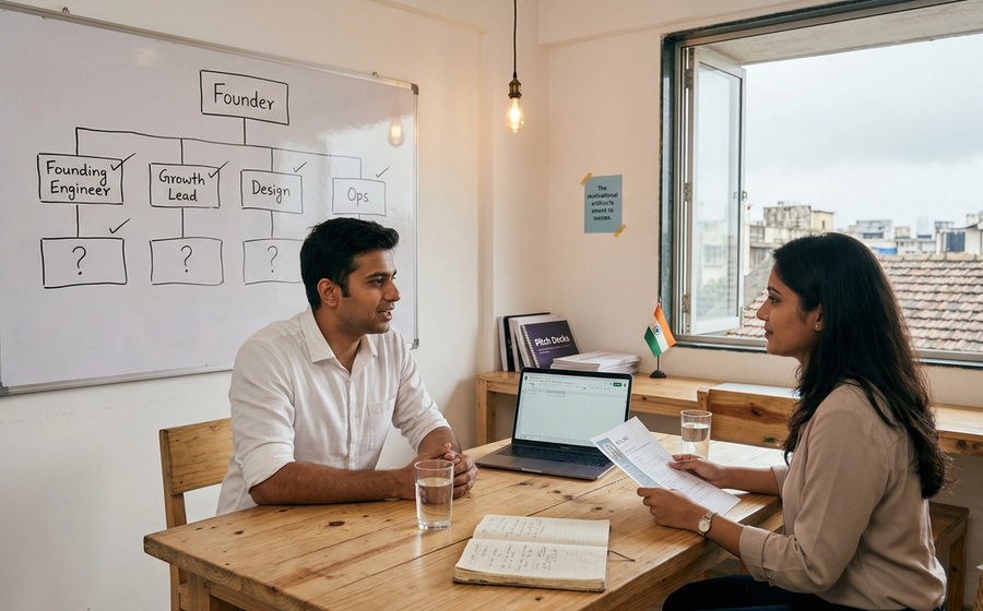 A startup founder sitting across a candidate in a minimal office space, with a whiteboard showing a simple org chart of first hires — representing early-stage team building without an HR department