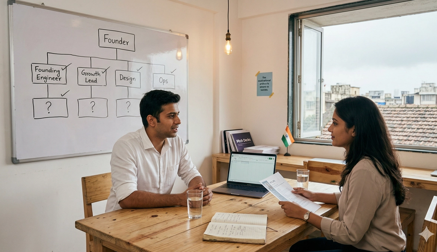 A startup founder sitting across a candidate in a minimal office space, with a whiteboard showing a simple org chart of first hires — representing early-stage team building without an HR department