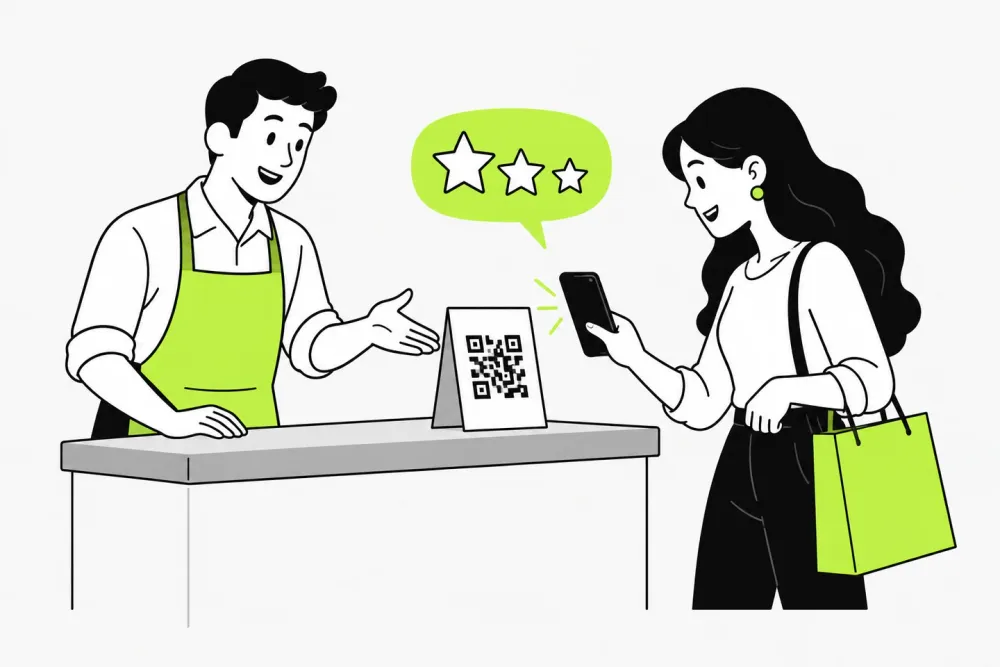 Ilustración de una clienta usando su teléfono para dejar una reseña después de comprar.