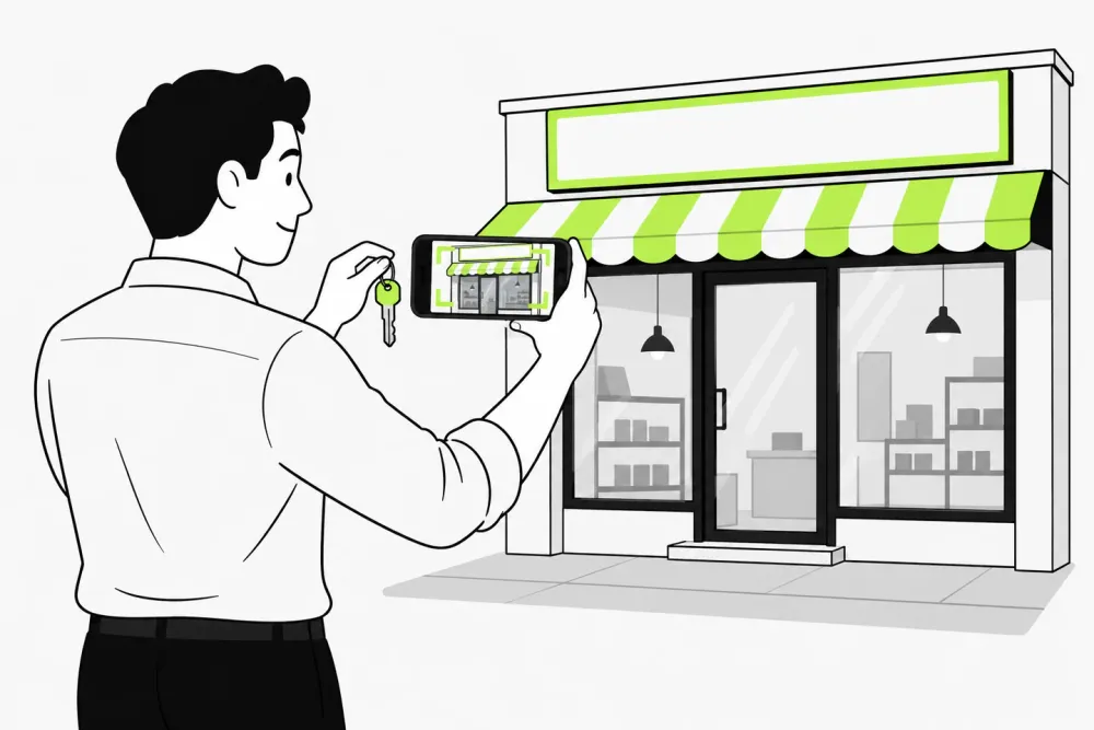 Ilustración de un comerciante grabando la entrada de su negocio para verificarlo.