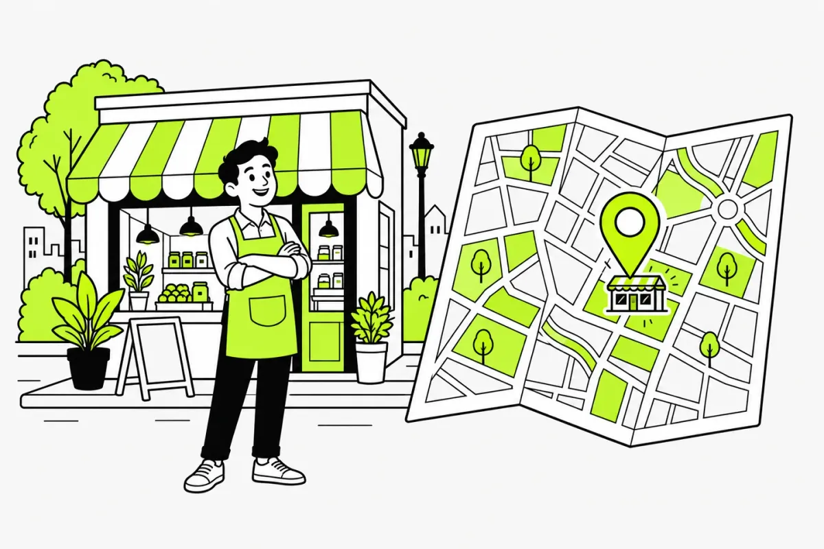 Ilustración de un comerciante junto a su tienda y un mapa con un marcador de ubicación.