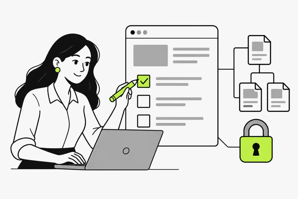 Ilustración de una revisión de indexación, estructura y bloqueos técnicos de una web.