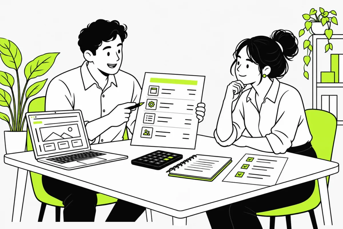 Ilustración de un consultor y una empresaria revisando el alcance y presupuesto de un proyecto SEO.