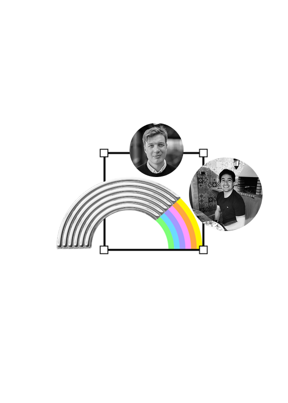 A silver rainbow with images of Viking and Diego next to it