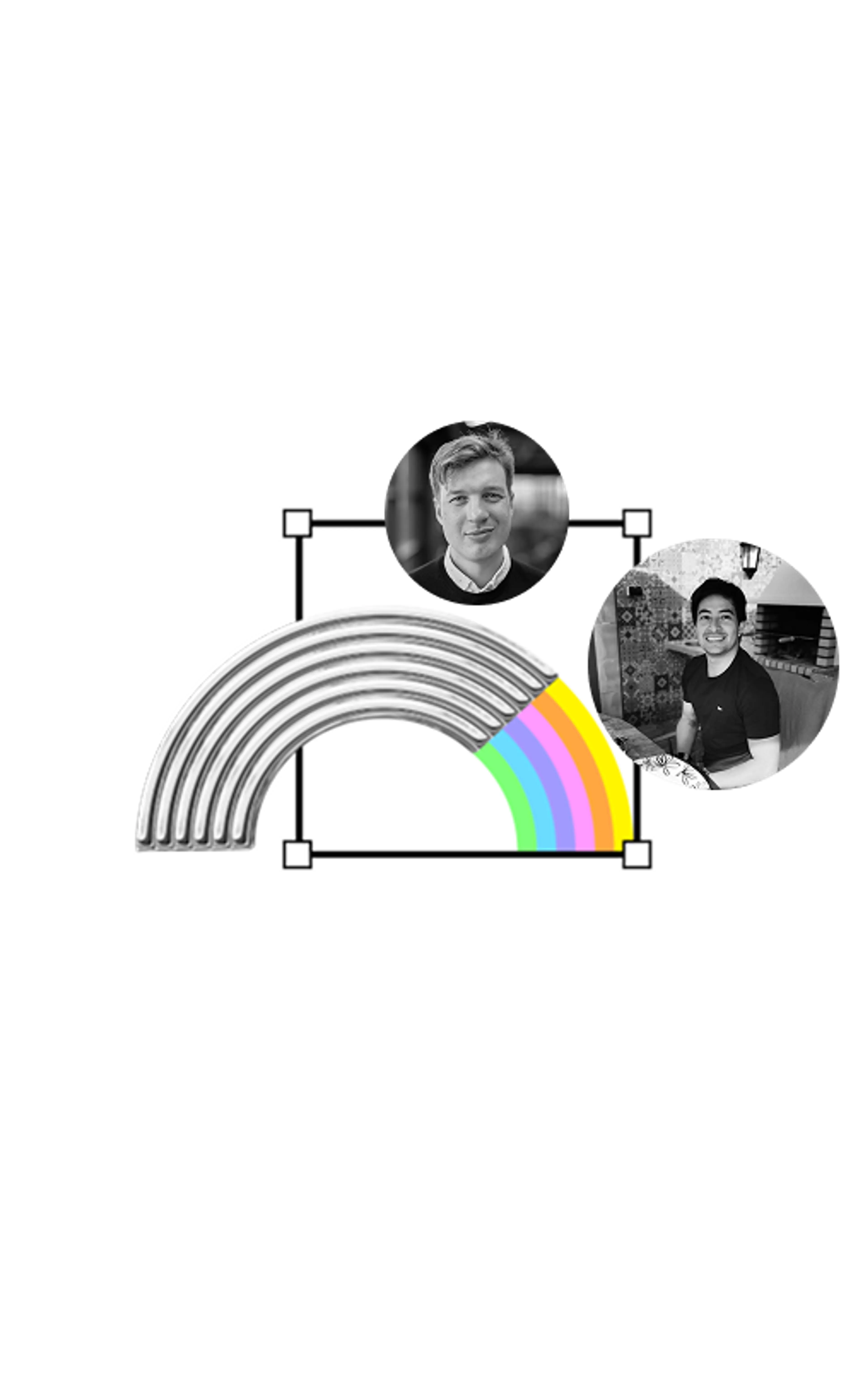 A silver rainbow with images of Viking and Diego next to it