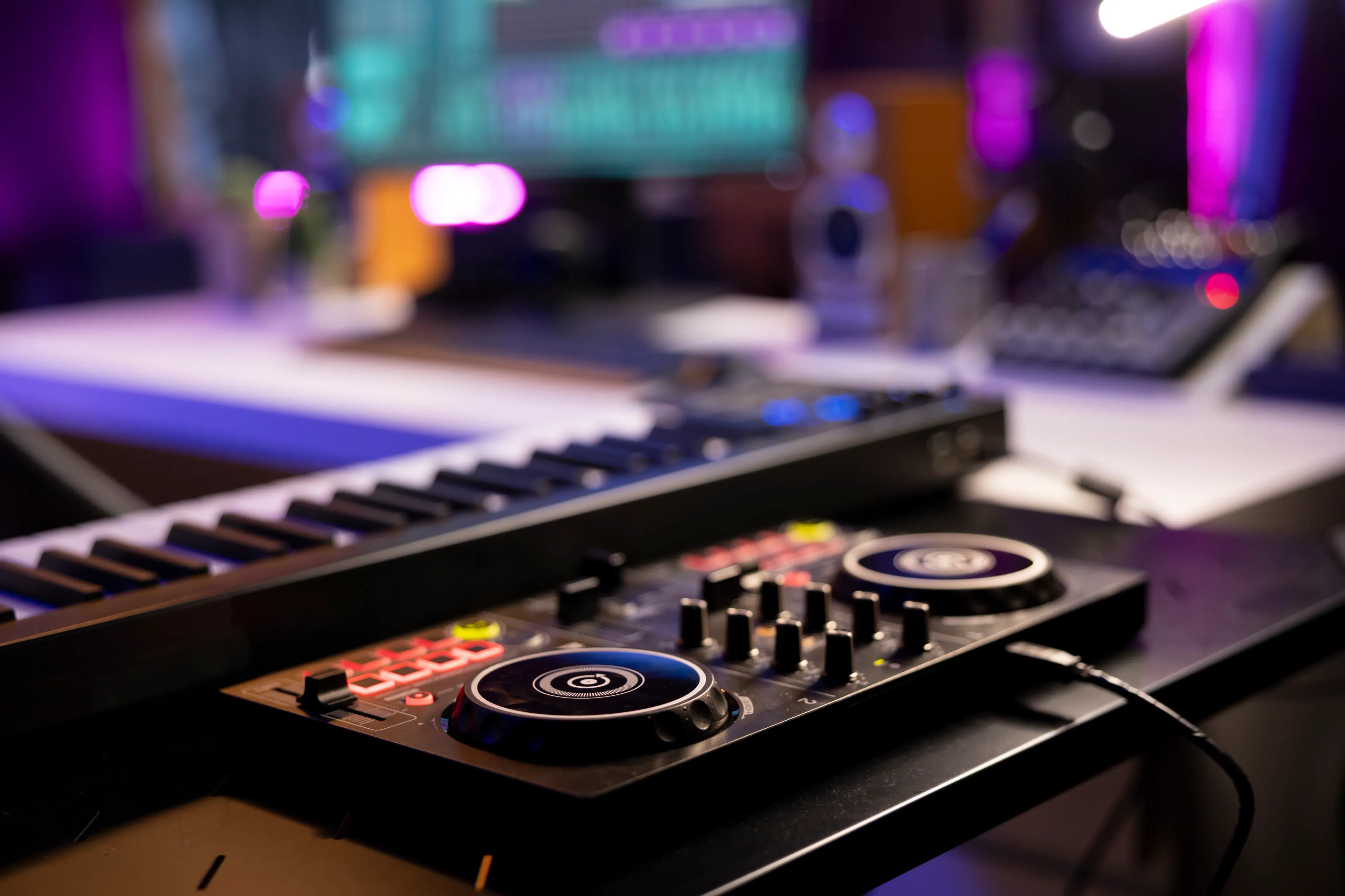 Close-up view of a DJ controller and a keyboard synthesizer on a desk in a music studio, with colorful lights and audio equipment in the background.