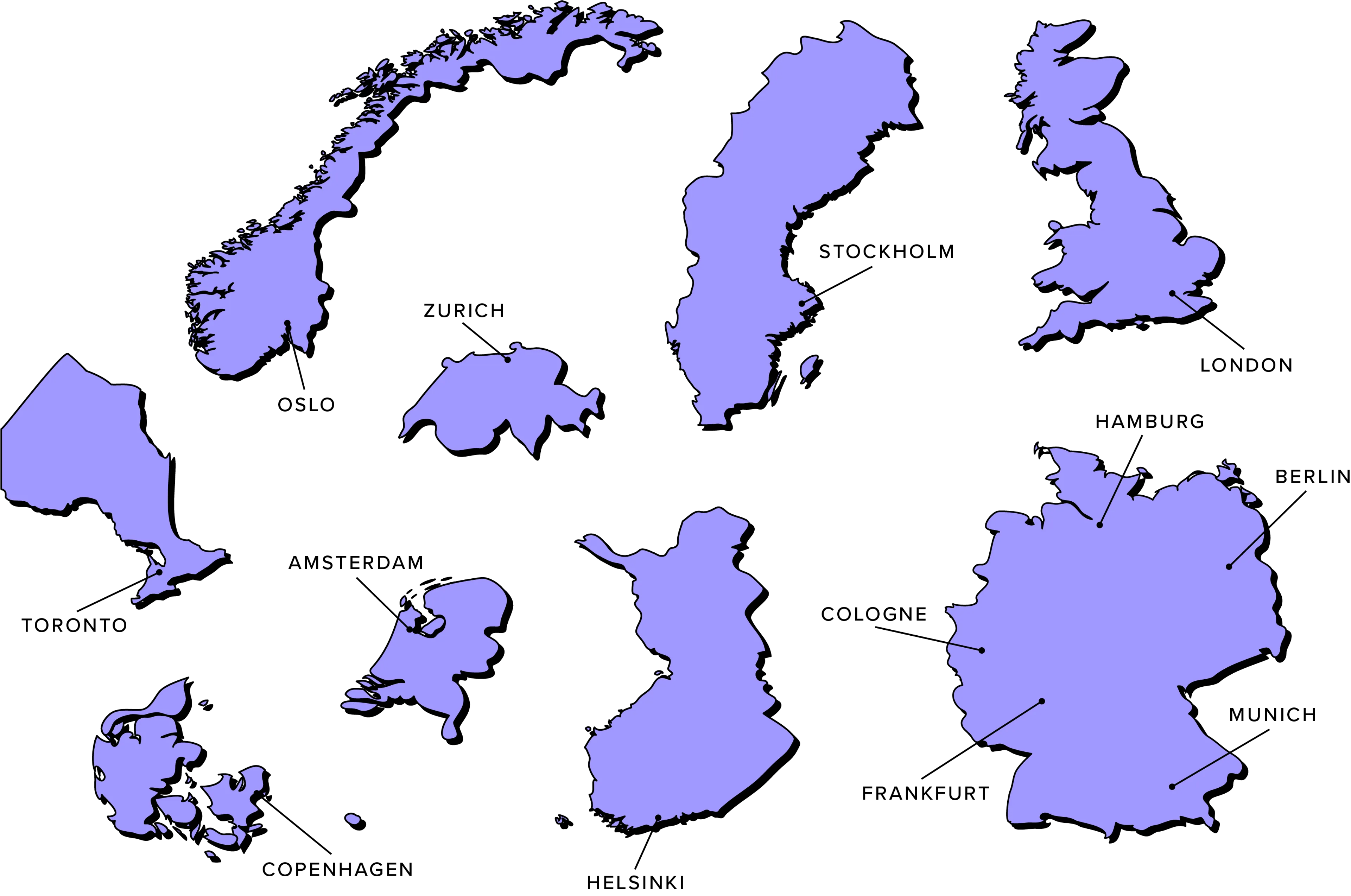 Purple map of countries with Netlight offices