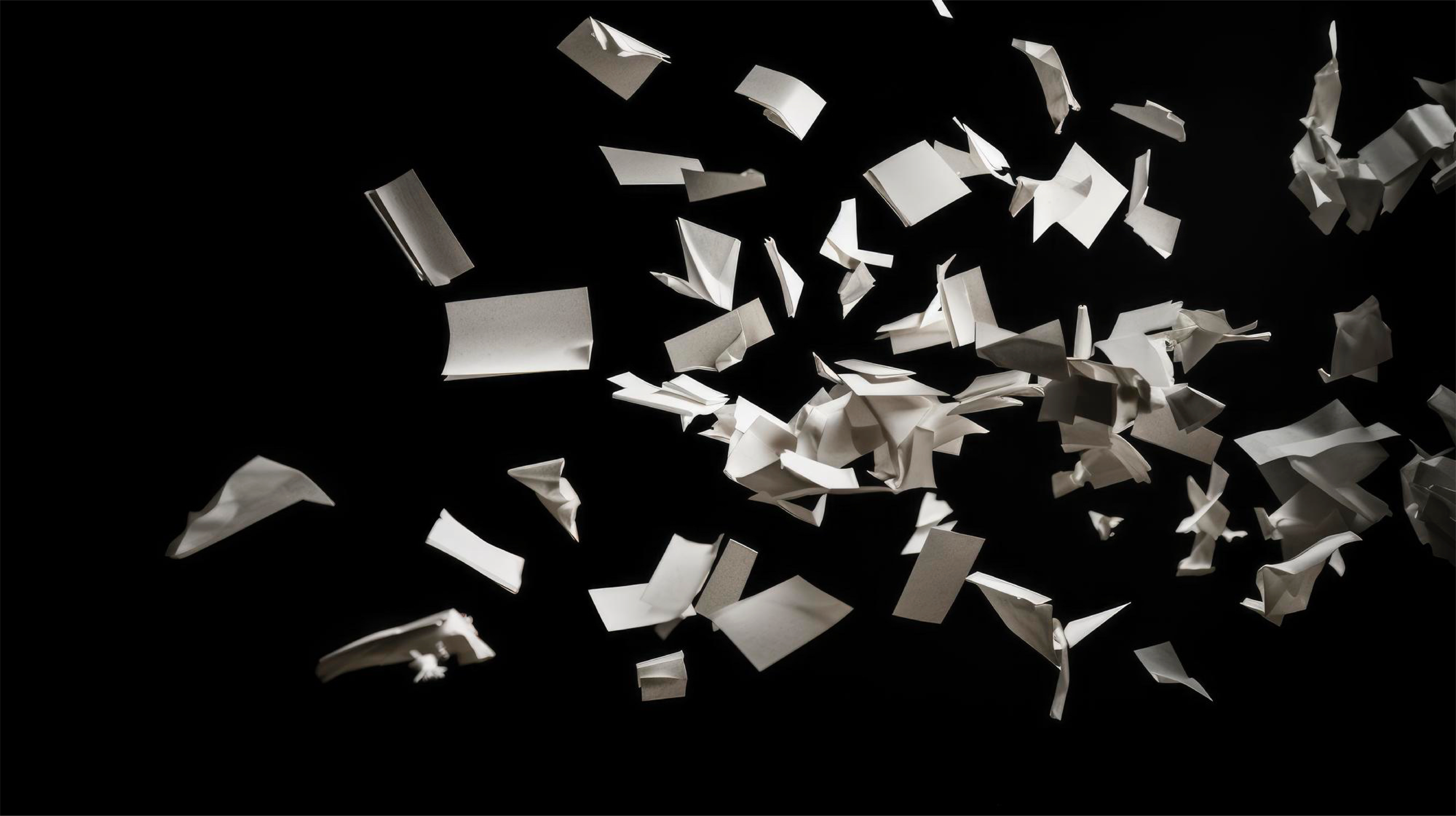 Papers flying in air against a black background.